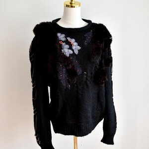 Vintage Black Sweater, Edna Ross Handmade, Fur & Beaded Embroidery