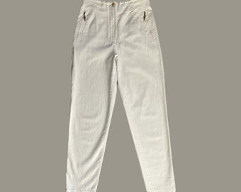 White Vintage Pants High Waist Classic Denim Trousers Golden Zipper Pockets