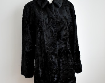 Vintage Schwarz Kunstpelz Mantel, Eleganter Klassischer Stil, Größe 38