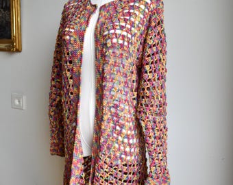 Vintage Crochet Cardigan, Colorful Open Knit Sweater, Hand-picked Clothing Style