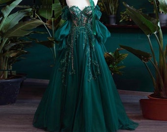 Smaragdgroene galajurk met pailletten | Prinsessenjurk met lange mouwen en kralen van tule | Fotoshoot Robe de Soiree | Abiye Gece Elbises