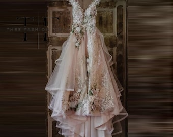 Robe de mariée florale de style féerique | Robe de mariée luxuriante pour bal de promo | Maille appliquée | Robe de soirée longue trapèze pour mariage | Robe de soirée