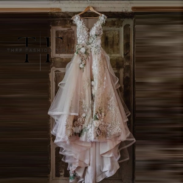 Brautkleid im Feenstil mit Blumenmuster | Üppiges Ballhochzeitskleid | Applikationsnetz | Langes A-Linien-Partykleid für Hochzeiten | Robe de Soiree