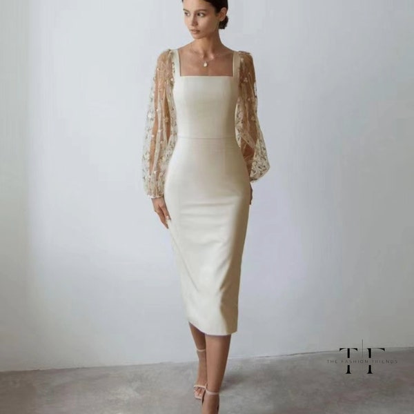 Formal Minimalist Dress with Long Glitter Puff Sleeves | Elegant Floral Gown Long Sleeves | Minimalist Wedding Dress