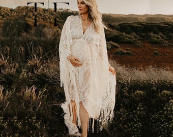 Boho Lace Maternity Photography Props Dress | Free Size Adjustable Pregnancy Photo Shoot | Bohemian Long Dress with Side Slit