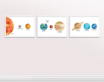 Solar System Prints Set of 3, Planet Wall Art, Astronomy Nursery Decor, Space Kids Room Art
