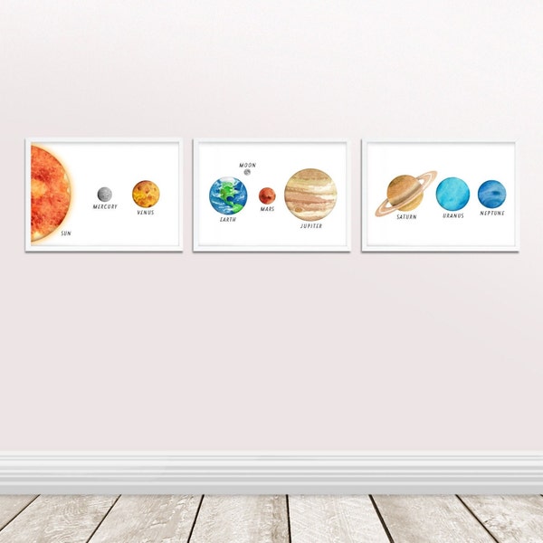 Set of 3 Planet Nursery Prints, Solar System Posters, Kids Bedroom Wall Art, Playroom Educational Print, Outer Space Theme Bedroom, A4 or A3