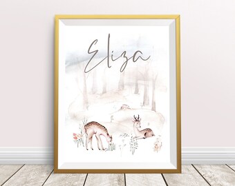 Deer Woodland Watercolour Nursery Print, Deer In The Woods, Woodland Theme Wall Decor, Personalised Name Print, Woodland Nursery Design