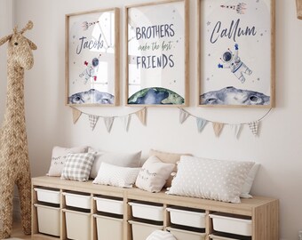 Personalized Space Watercolor Prints: Brothers Bedroom Decor (Set of 3)