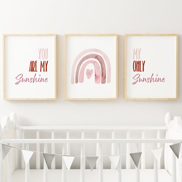 You Are My Sunshine, My Only Sunshine, Set of 3 Nursery Prints, Sunshine Wall Art, New Born Baby Gift, Boho Set of Three, Rainbow Bedroom