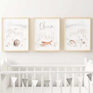Conjunto de 3 grabados de viveros de bosques, carteles de bosques, arte de pared de dormitorios para niños, impresión de sala de juegos, dormitorio temático de zorro, impresión en el bosque, A4 o A3