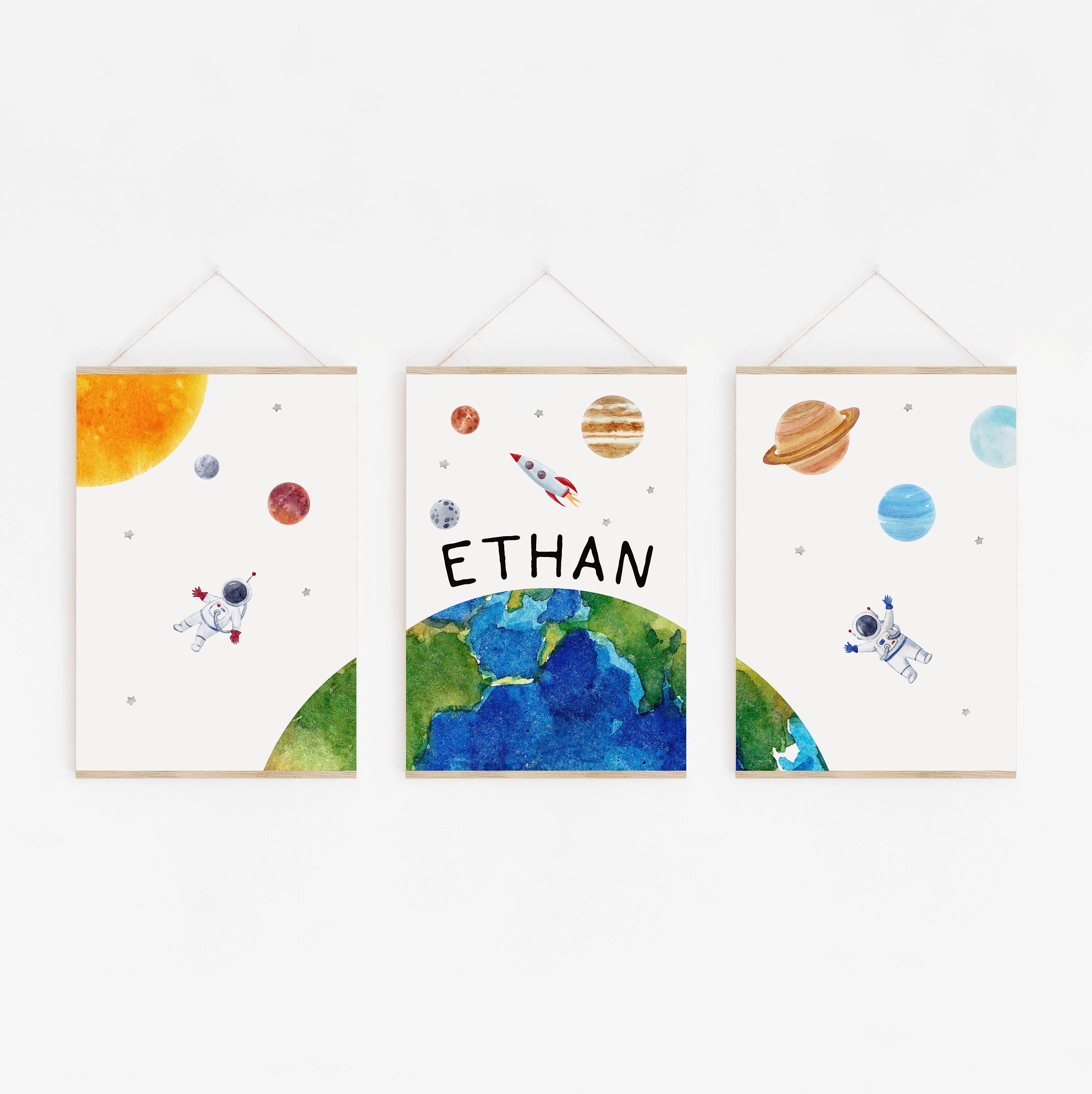Ensemble de 3 Impressions Pépinière d'espace, Art Personnalisé Mur Chambre à Coucher d'enfants Nom, 