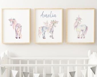 Unicorn Nursery Prints Set: Personalized Watercolour Pony Art