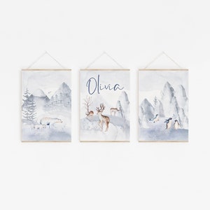 Set of 3 Arctic Animals Nursery Prints, Snow Animals Posters, Kids Penguin Wall Art, Polar Bear Theme Bedroom, Arctic Deer Woodland Art