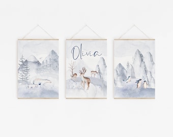Arctic Animals Nursery Prints: Watercolor Polar Bear, Penguin, Deer Set