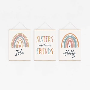 Sisters Make The Best Friends, Set of 3 Rainbow Watercolour Prints, Personalised Art, Rainbow Prints, Sisters Bedroom, Girls Wall Decor