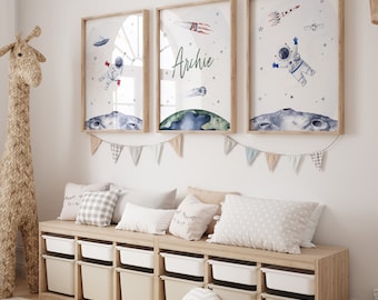 Space Watercolor Prints Set of 3: Personalized Nursery Wall Art