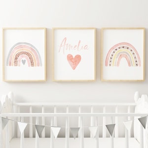 Rainbow Heart Girls Bedroom Wall Print, Set of 3 Rainbow Pastel Prints, Personalised Wall Art, Watercolour Boho Prints, Baby Name Print