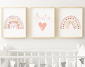 Rainbow Heart Girls Bedroom Wall Print, Set of 3 Rainbow Pastel Prints, Personalised Wall Art, Watercolour Boho Prints, Baby Name Print