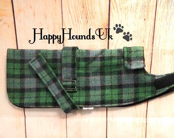 Dachshund Emerald Green Check Harris Tweed Dog / pet Coat / jacket with Super Soft fleece lining for added warmth.