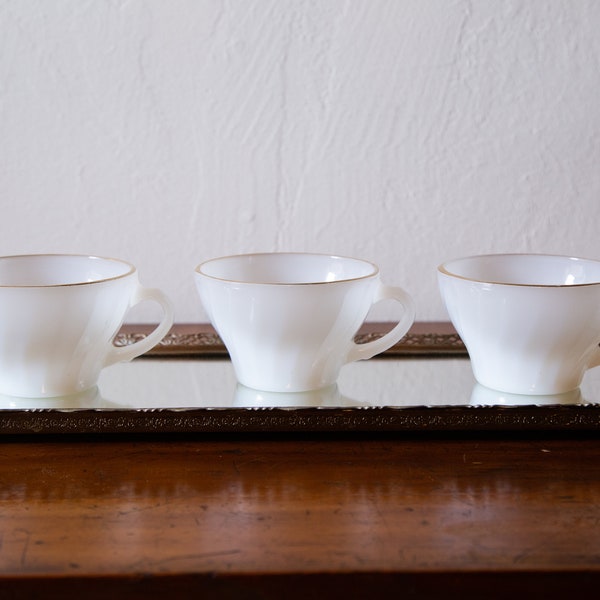 Set of Three (3) Anchor Hocking Suburbia Milk Glass Swirl Tea Cups with Gold Rims