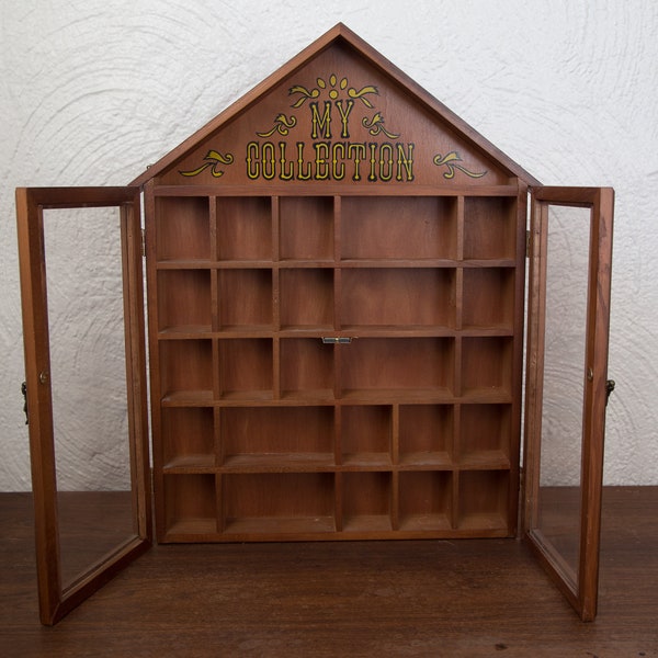 Vintage Enesco "My Collection" Hanging Curio Cabinet, Wooden Display Cabinet