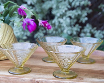 Set of Four (4) Yellow Footed Sherbet Depression Glass Dishes, Madrid Pattern, Depression Glass Ice Cream Dishes