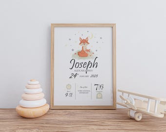 DIGITAL DOWNLOAD New Baby Personalised Fox Print- Woodland print with fox and cub gift, cute baby keepsake print with birth details,nursery,