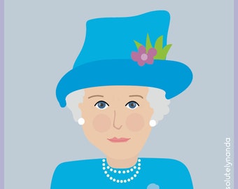 May include: A cartoon illustration of a woman wearing a blue hat with a purple flower and green leaves, a blue dress, a pearl necklace, and pearl earrings. The background is light blue.