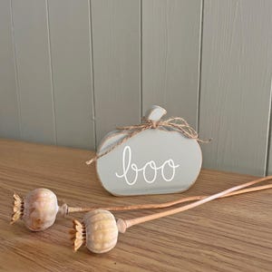 May include: A light grey wooden pumpkin cutout featuring the word "boo" in white cursive script. The pumpkin is decorated with a natural jute twine bow tied around the stem. Two dried poppy seed pods with long stems are positioned in front.