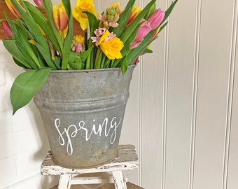Bespoke vintage bucket (Large) - hand painted with 'Spring'