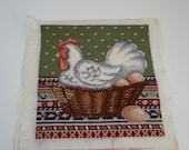 Completed Needlepoint, Needlepoint Canvas, Seat Cover, Pillow Footstool Cover, 12 quot sq. Rooster Hen Egg Design, Country Pillow Free Ship