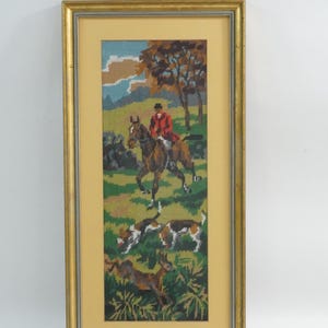 English Equestrian Hunting Scene Framed Completed Needlepoint, Framed Needlepoint Canvas, Framed Textile, Wall Hanging, RB690 Free USA Ship