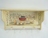 Wooden Wall Shelf, Handpainted Shelf, Noah 39 s Ark, Country Peg Rack, Bathroom, Hall, Kid 39 s Room Shelf, Hat Coat Leash Hook Free USA Ship