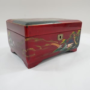 Japanese Jewelry Box, Pagodas, Red Painted Box, Lacquer Asian Box, Jewelry Box, Bureau Jewelry Box Music Plays Inconsistently Free USA Ship