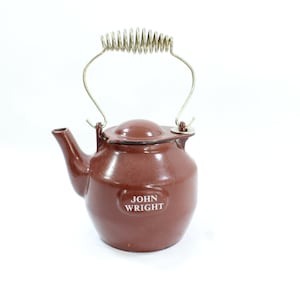 John Wright Cast Iron Teapot, Brown Enamel, Coil Handle, Swivel Lid Vintage Cast Iron by John Wright, Cast Iron Cooking, Free USA Ship