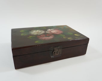 Wooden Box, Jewelry Box, Trinket Box, Wood Box, Storage Box, Small Sewing Box, Hand Painted Floral Design, Made in China, Free USA Ship