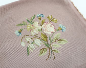 Needlepoint, Completed Needlepoint, Floral Design, Roses, Footstool, Chair, Seat, Pillow Canvas, Floral Needlepoint, Mauve Free USA Ship