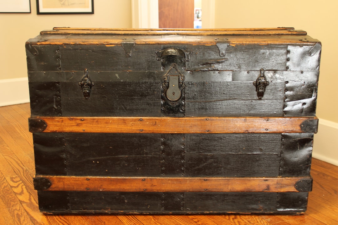 Steamer Trunk Antique Steamer Trunk Black Wood and Metal Etsy