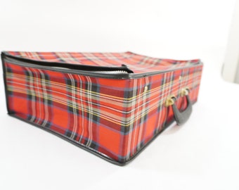 Vintage Plaid Suitcase, Folding Suitcase, Storage Bag, Red Plaid Zipper Suitcase, Tartan Display Bag, MDM Travel Prop, Free USA Ship