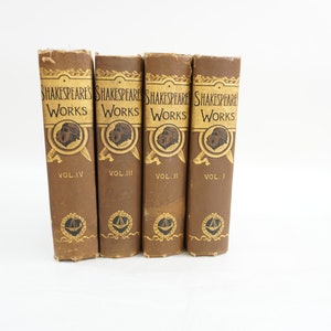 Antique Shakespeare Books, 1885 Edition Volume 1-4, Brown Linen Hardcover Gold Embossing, Free USA Media Mail