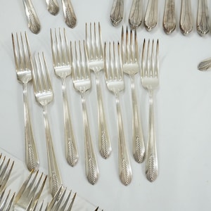 May include: A collection of silver-toned metal forks arranged in rows. Each fork features a slender handle with a textured, wheat-like pattern embossed at the base. The tines are long and pointed, reflecting light across the metallic surface.