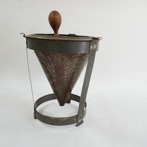 Vintage Metal Berry Masher, Fruit or Vegetable Strainer w/ Wooden Pestle, Colander, 2 Piece Strainer & Vintage Wooden Pestle Free USA Ship