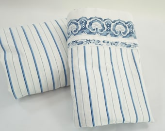 Ralph Lauren Blue and White Twin Bedding, Jonquil Blue Stripe, Twin Fitted and Twin Flat, Vintage RL Cotton Bedding, Free USA Ship