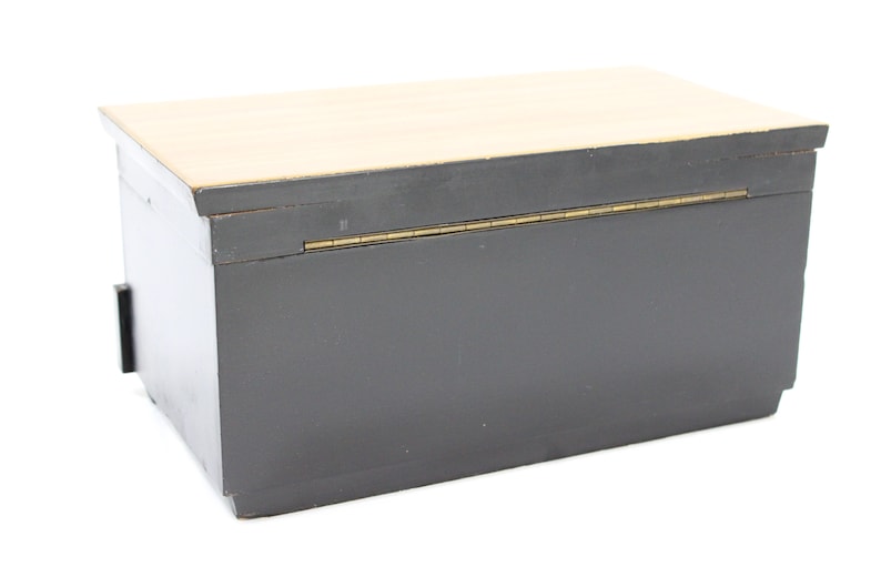 May include: A black wooden box with a hinged lid and a brass hinge. The lid is made of a light wood.