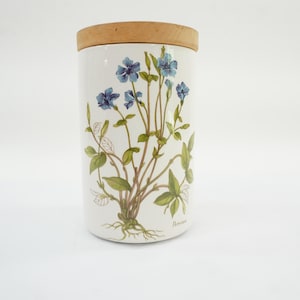 Portmeirion Pottery, Botanical Garden, Stoke on Trent, England, 1970s-1980s, Oval Mark, Storage Jar w/ Wood Lid, Pervinea, Free USA Ship