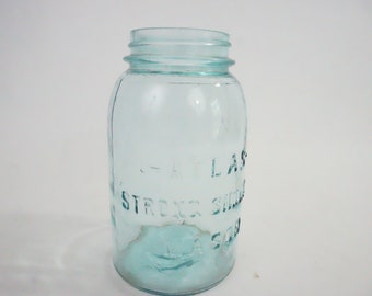 Atlas Strong Shoulder Mason Jar, Quart Jar, BLUE glass  Mason, #1, Vintage Canning Preserving Jars, Antique Mason Jar, No Lid, Free USA Ship