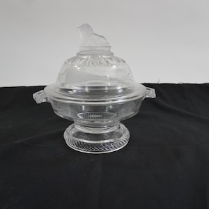 Glass Compote, Antique Covered Dish, Animal Lid, Glass, Lion Dish, Frosted Lion Covered Dish, New England Glass, Pressed Glass Free USA Ship
