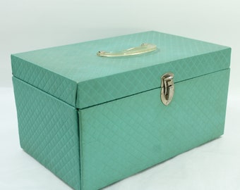 Vintage Sewing Case, 1960s Turquoise, Quilted Exterior Sewing Storage Box, Plastic Interior Tray, MCM Sewing, Some Damage Free USA Ship