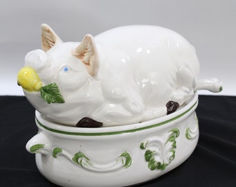 Pig Tureen and Ladle, Italy Ceramics, White Pig Shaped Tureen w/ Base Bowl and Ladle, Small Chips, Made in Italy, Free USA Ship